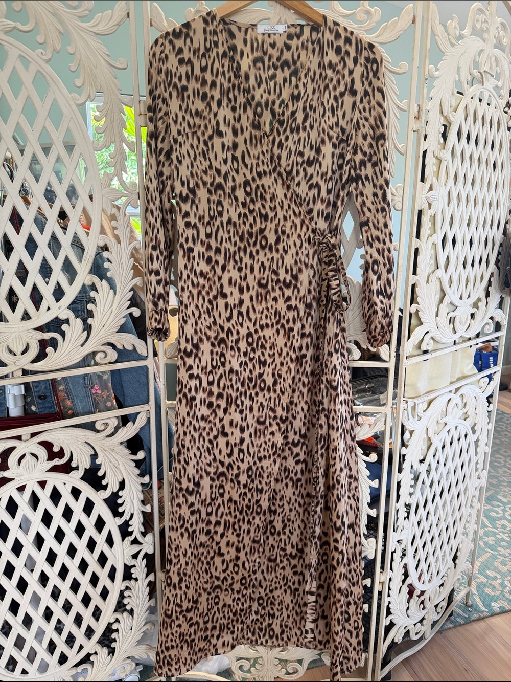 Women’s Leopard Print Maxi Wrap Dress in Beige and Brown